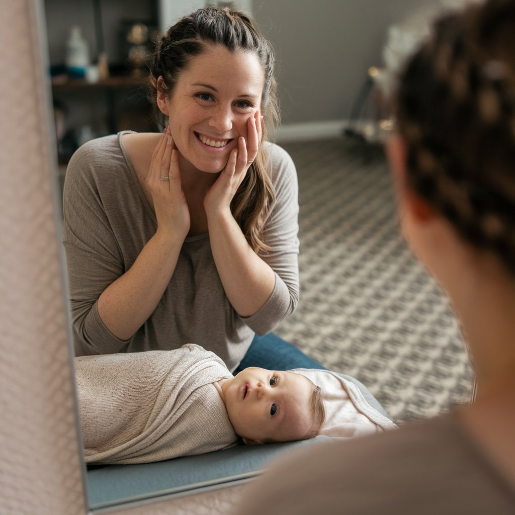 An image of a new mom looking at herself in a mirror, smiling, showcasing her healthy weight loss after pregnancy progress.